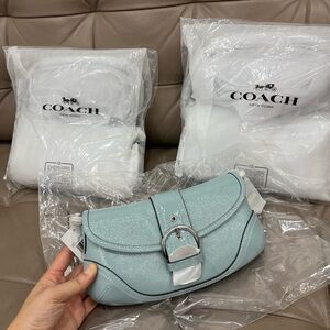 COACH CAN43 Soho Bag 25 Shoulder/Crossbody Crinkle Patent Leather Light Blue
